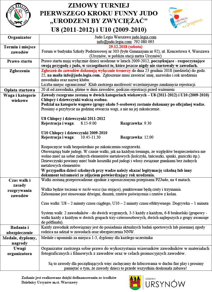 Komunikat zimowy Turniej I Kroku 29.12.2018