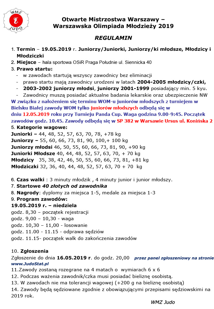 Otwarte Mistrzostwa Warszawy – Warszawska Olimpiada Młodzieży 2019